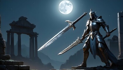 A guardians falchion glinting in the moonlight p