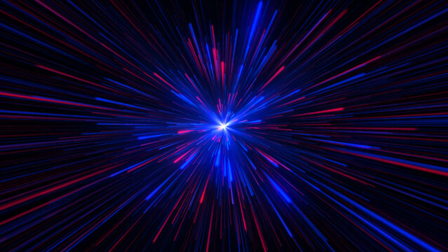 Travel through space and time. Flying through blue and red neon rays in the space. Futuristic flying lines. Hyperjump in the Universe, Hyperspace exploration.