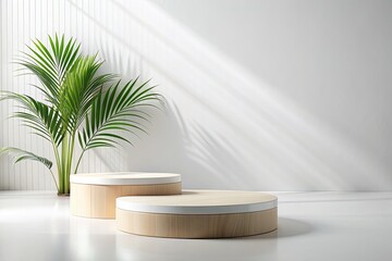 Minimalistic scene with podium and palm leaves.