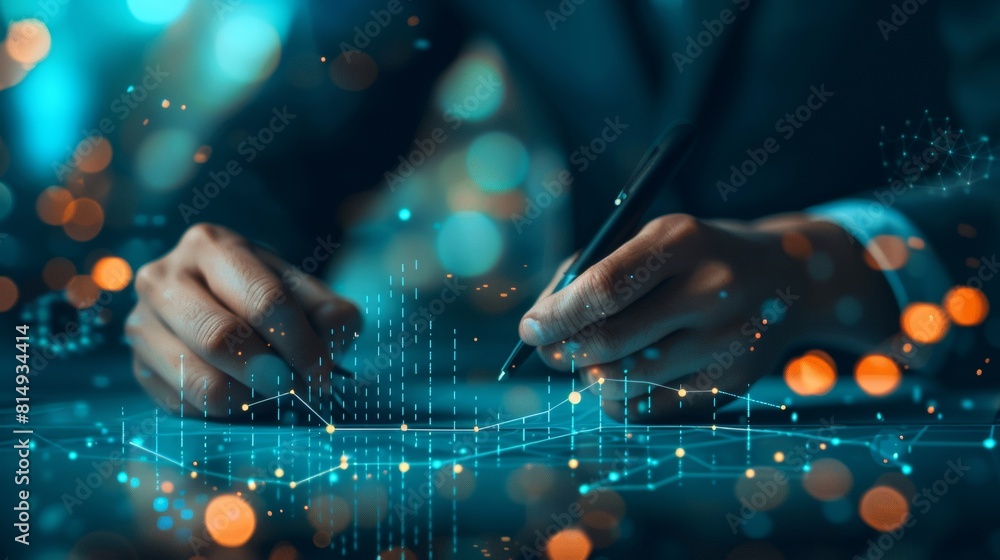 Poster close-up of a businessman's hand drawing a growth chart with a marker symbolizing progress success a