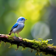 Obraz premium ultramarine flycatcher superciliaris ficedula cute blue bird perching on top mossy stick over far,generate ai