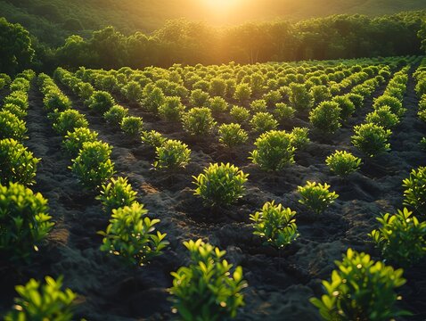 A lush green field of young plants bathed in warm sunlight. The plants are in neat rows, and the soil is freshly tilled.