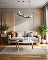 Interior of modern living room with brown sofa, coffee table and plant.