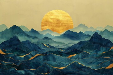 Digital artwork of  illustration of mountains and a sun, high quality, high resolution