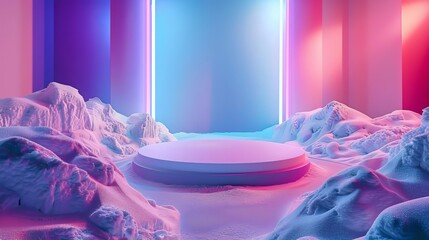 Snow drifts surrounding a neonlit podium, creating a vibrant contrast for modern gadgets or winter sports gear