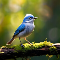 ultramarine flycatcher superciliaris ficedula cute blue bird perching on top mossy stick over far,generate ai