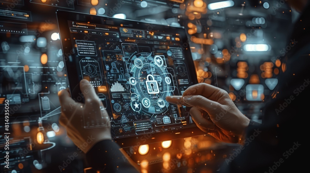 Poster cinematic depiction of cyber security and data protection using futuristic holographic interface in 