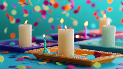 A dynamic birthday atmosphere with multicolored confetti on a bright blue backdrop, candles set on vibrant decorative trays .