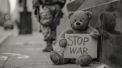 children's teddy bear with a poster, cardboard with the inscription "Stop the war", anti-war concept of protecting children to avoid fighting, military soldier in the background, black and white photo