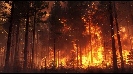Forest fire with trees on fire a forest on fire, trees burning in the background, smoke and flames filling up all of the space - Generative AI
