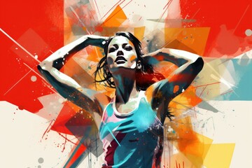 Vivid abstract illustration of a woman dancing in colorful, explosive backdrop