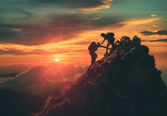 Obraz premium A hiker helping his friend reach the top of the mountain at sunset, teamwork