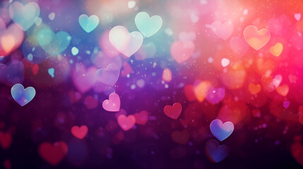 Background of glittering bokeh and shapes of hearts in rainbow colors