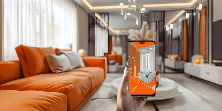 AR marketing uses app to show 3D room maps on smartphones. Concept AR Marketing, 3D Room Maps, Smartphone App Display, Interactive Advertising