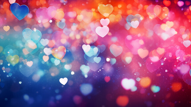Background of glittering bokeh and shapes of hearts in rainbow colors - Powered by Adobe