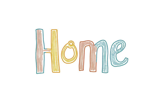 The image shows the word "Home" in a colorful and pixelated font.