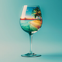 Landscape of tropical sand beautiful beach inside a wine glass. Abstract creative summer tourism idea.
