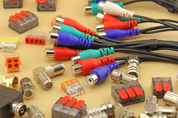 Cable with connectors for connecting audio and video equipment. Close-up.