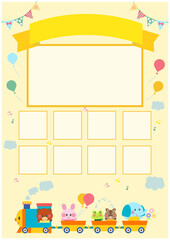 保育園、幼稚園、小学校_写真テンプレート素材_動物と汽車のイラスト　黄色いリボン