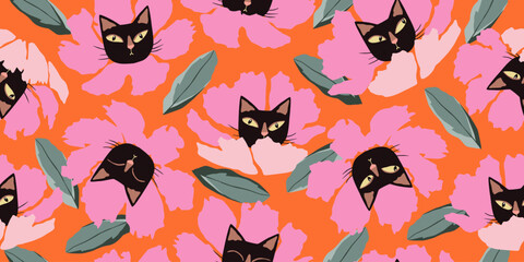 Seamless patterns with floral and kittens for fabric, textiles, wall art, poster, cover, banner, interior decor, Cat heads with flowers backgrounds.
