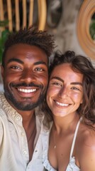 Fototapeta premium A happy couple taking a selfie with warm smiles standing close together with a blurred background featuring a wooden structure and greenery.