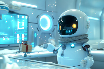 Idea for New Year's card, cyber snowman working as a programmer at a desk in a futuristic office, sending Merry Christmas greetings using drones