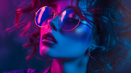Obraz premium Woman Wearing Glasses on Purple Background