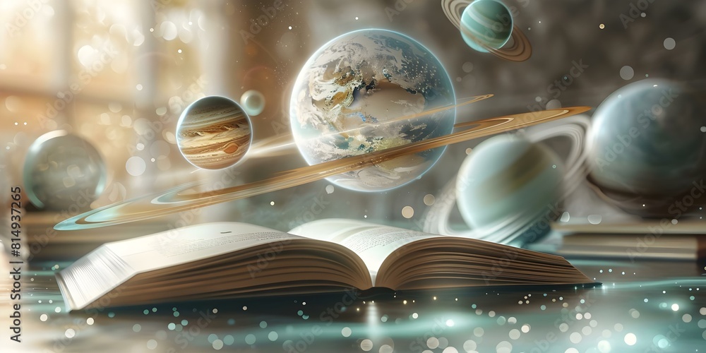 Aufkleber interactive education: ar solar system display on tablet desk with floating planets. concept ar tech