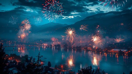 the breathtaking view of cities illuminated by fireworks and lamps at night, reflecting the essence of the Festival of Lights