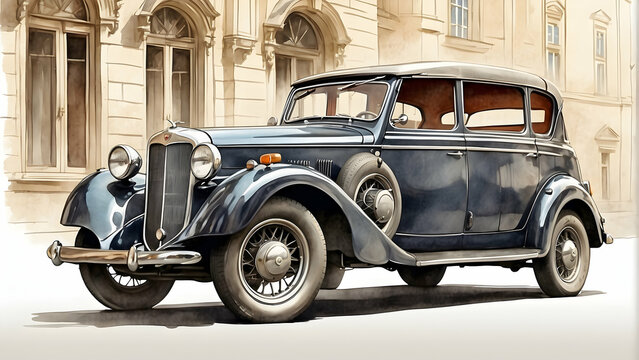 An illustration of a vintage blue automobile parked by an elegant classical building, with a detailed design and a retro feel