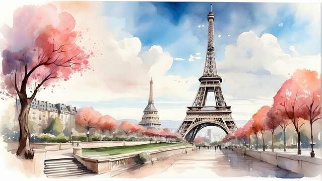 A watercolor painting depicting Paris in spring with the iconic Eiffel Tower surrounded by blossoming trees