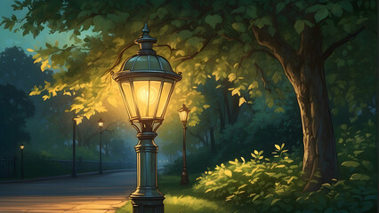 Naklejka premium Tranquil park with a warm glowing vintage lamppost guiding the way, emphasizing solitude and mystery of the night