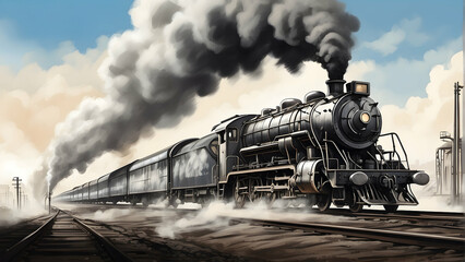 Naklejka premium A powerful vintage steam locomotive barrels down the tracks in this dynamic and richly detailed digital art piece