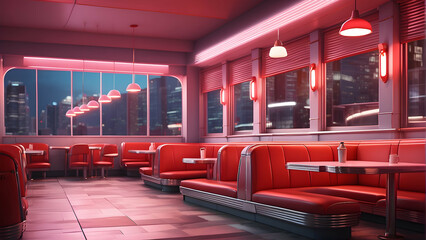 Vibrant red diner setup with booths and city skyline through windows in a nostalgic style