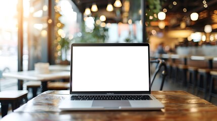 Laptop with blank screen on wooden table. Laptop with a blank screen on a cafe table ready for productivity