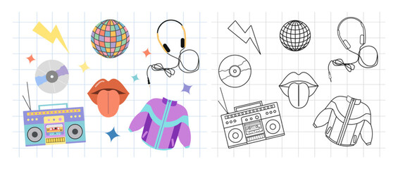 Classic y2k, 90s and 2000s aesthetic. Flat and outline style set of vintage elements. Hand-drawn vector illustration on background of checkered notebook sheet. Patch, sticker, badge, emblem.