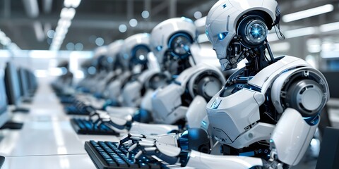 Fototapeta premium AI Business: Robot Typing on Keyboard in Office as Part of Worker Replacement. Concept AI Implementation, Automation in Workplace, Future of Work, Technological Advancements, Robotics in Business