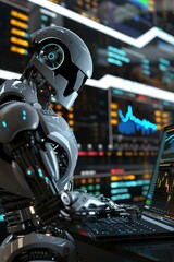 rendering- robot and laptop- stock exchange trader