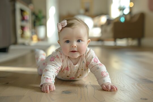 Cute baby girl crawling on hardwood floor at home