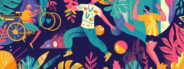 A group of people running in a colorful background