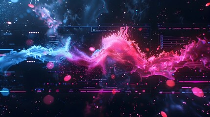 HighTech Music Player Interface with Dynamic Digital Water Splashes in Vibrant Cyan and Magenta against a Dark Space Background