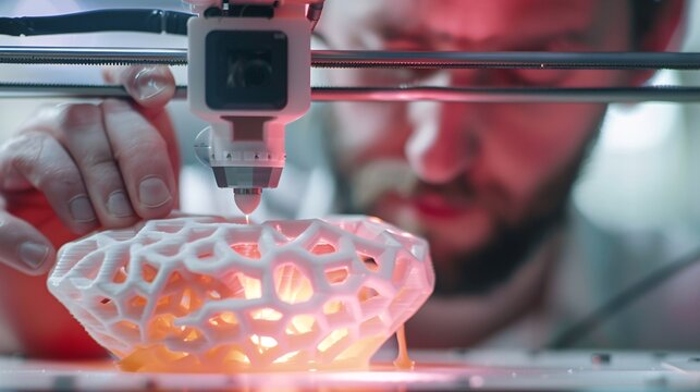 A man is operating a 3D printer to produce a realistic flower model in a workshop setting