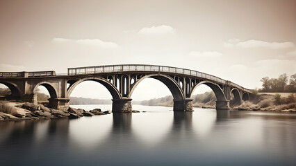 Fototapeta premium An artistic sepia photograph depicting an elegant arched bridge stretching across tranquil waters with a serene, timeless ambiance