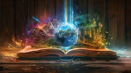 An open book with fantasy elements, such as magical creatures and castles emerging from its pages, creates an enchanting scene,Generative AI illustration.