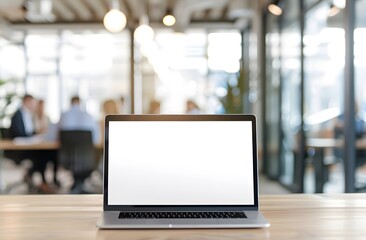 Laptop with blank screen on wooden table. Open laptop with blank screen on a desk in a busy office