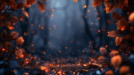 Abstract background  forest with glowing leaves and ethereal lights bokeh with copy space