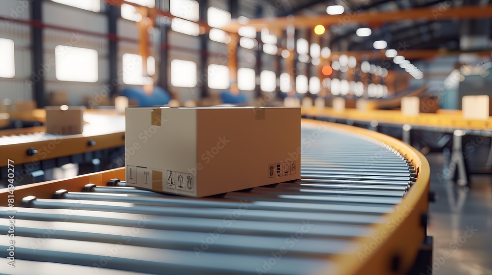 Aufkleber cardboard boxes move along a production line in an automated industrial setting. 3d image.