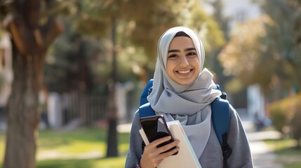 Cheerful Arab Female Student With Smartphone And Workbooks Standing Outdoors Happy Young Middle Eastern Woman Walking In City After College Classes Looking Away And Smiling Copy Space : Generative AI