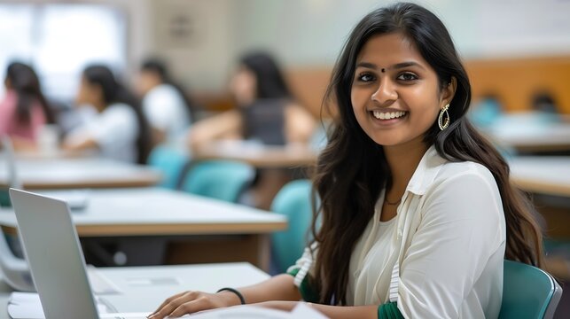 Portrait of a beautiful young and intelligentlooking Indian Asian woman student wearing a white shirt and green tracker smiling as she works on her laptop in a university classroom : Generative AI