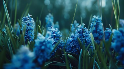 Close up of blue wild hyacinths flowers in grass 